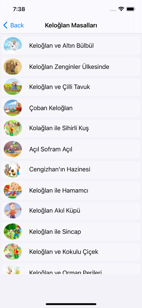 A list of Keloğlan folk tales with colorful icons in the Turkish story app Masal Oku Dinle.
