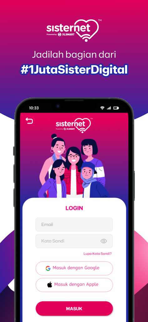 Sisternet - Pantalla de inicio de sesión de la aplicación Sisternet con una ilustración de diversas mujeres y opciones para iniciar sesión con Google o Apple.