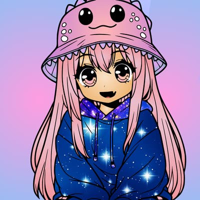 girl with anime shaped eyes with a dinosaur bucket hat oversized sweatshirt long straight hair