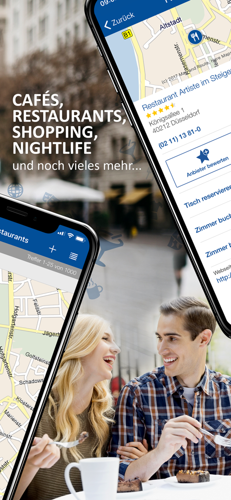 Das Örtliche Telefonbuch - Aplicación móvil Das Oertliche mostrando resultados de búsqueda local para cafeterías y restaurantes en un mapa