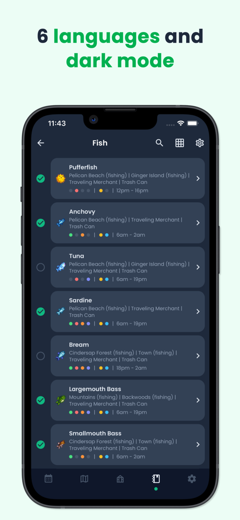 Stardew Valley Tracker - Smartphone screen showing the Stardew Valley Tracker app in dark mode with a fish collection checklist including pufferfish, anchovy, and tuna.
