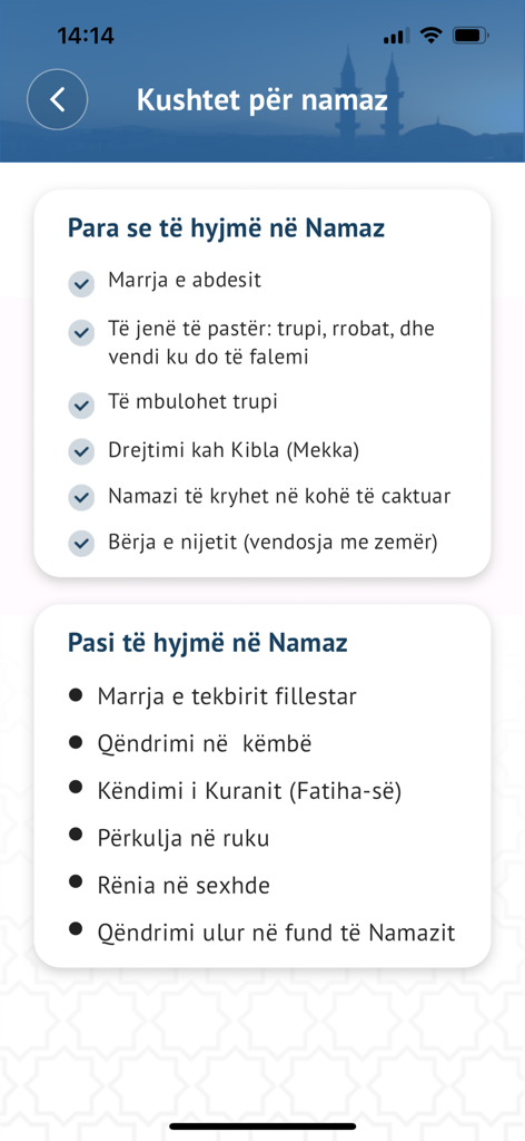A checklist of requirements before and after starting prayer in the NamazStart app