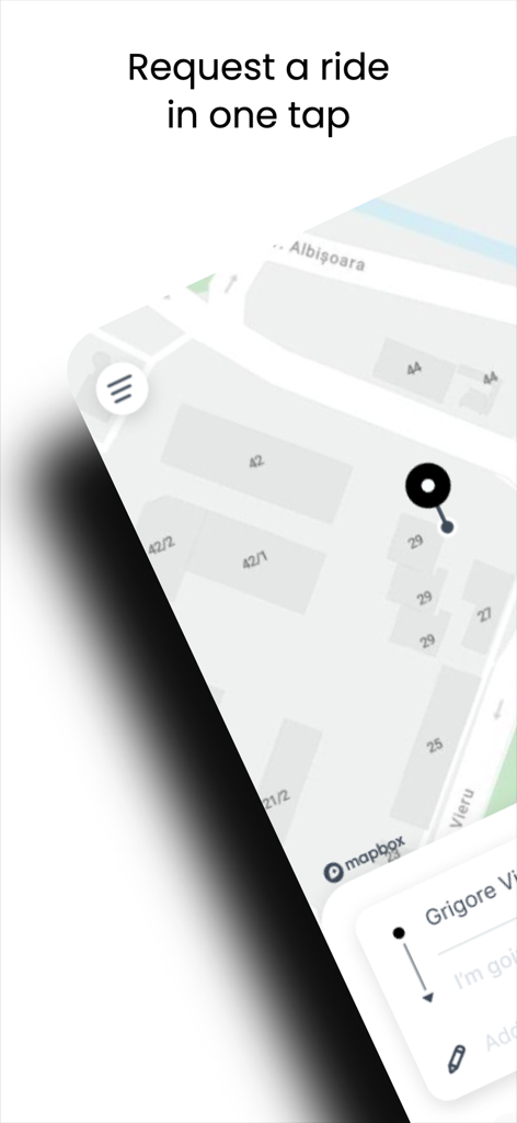 Letz | Request a ride - Letz app interface showing a map with a location pin and the text Request a ride in one tap.