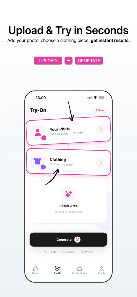Interfaccia dell'app Prova che mostra i due passaggi per caricare una foto e selezionare un capo d'abbigliamento per una prova virtuale