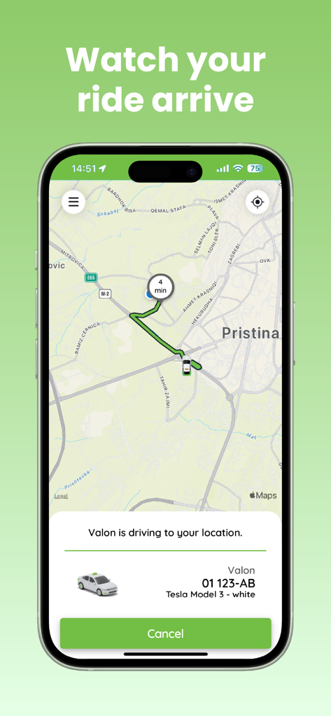 Tesla Taxi Kosova - Tesla Taxi Kosova app interface showing real-time GPS tracking of a white Tesla Model 3 ride in Pristina.