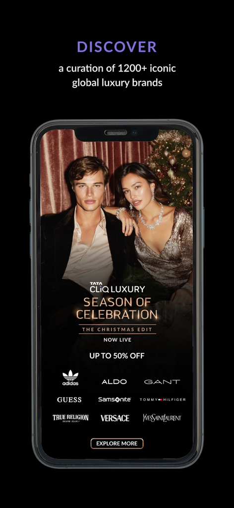 Promotion for Tata CLiQ Luxury featuring global brands like Versace, Yves Saint Laurent, and Tommy Hilfiger for the Season of Celebration Christmas edit.