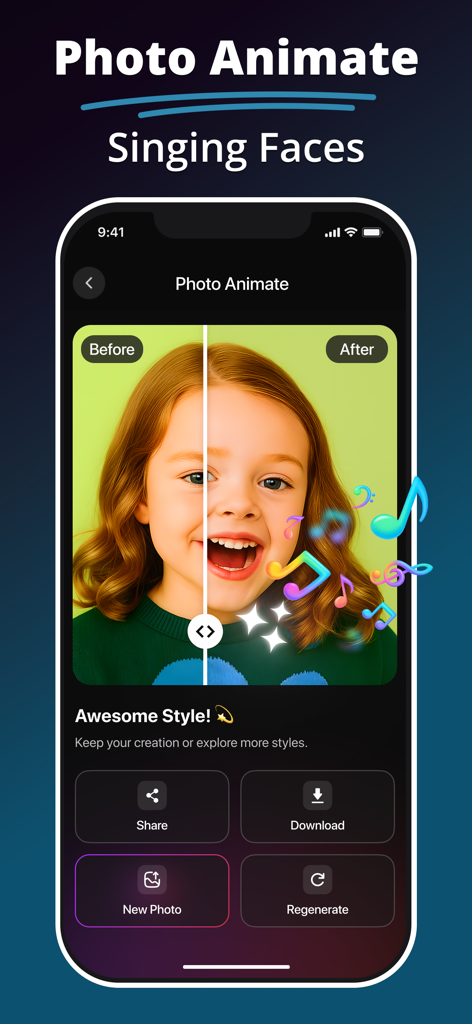 Interfaz de la aplicación MePic mostrando la función Photo Animate Singing Faces con una comparación de antes y después de un retrato animado