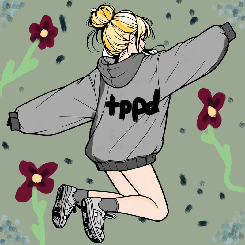 realistic girl jumping with a bun and oversized sweatshirt