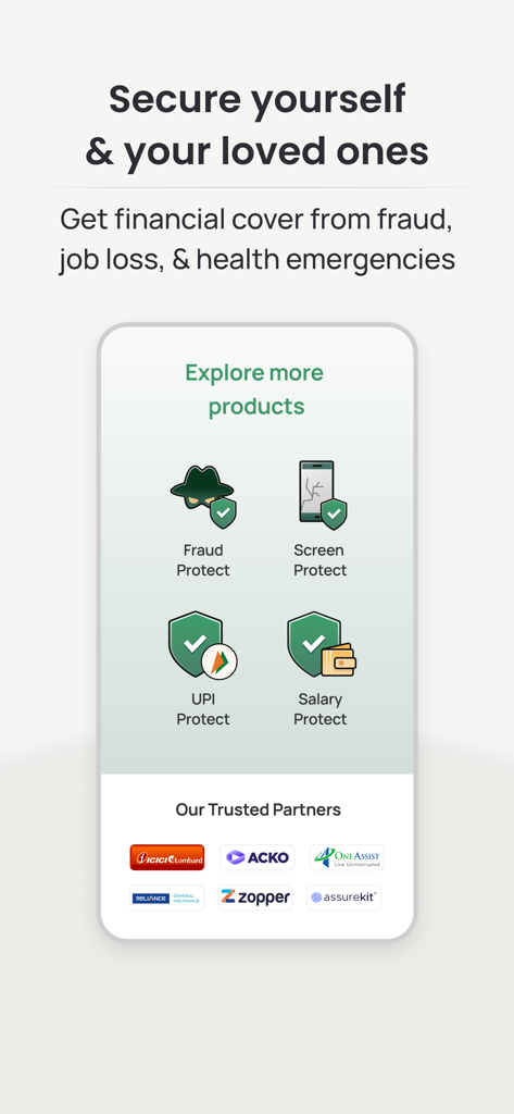 Jupiter: Cards, UPI, Banking - Jupiterアプリの画面。信頼できる保険パートナーのロゴとともに、不正行為保護、画面保護、UPI保護などの金融保護オプションを表示しています。