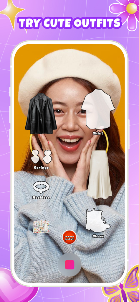 Dress Challenge: Fun Up Filter - A woman using an AR filter in the Dress Challenge app to virtually try on clothing and accessories