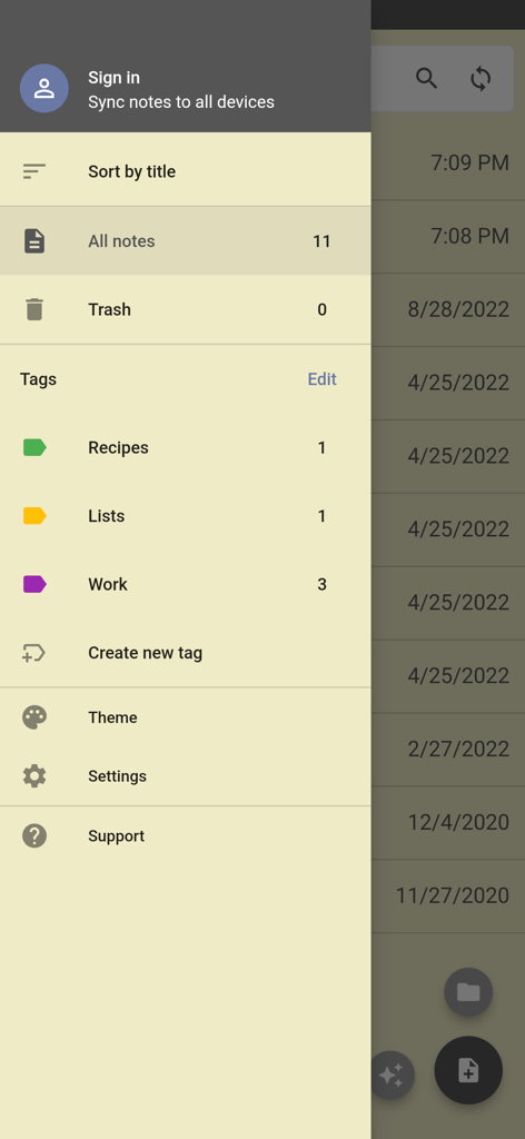 Menu de navigation latéral de l'application Inkpad Notepad montrant les options de tri des notes, les balises et les paramètres du compte