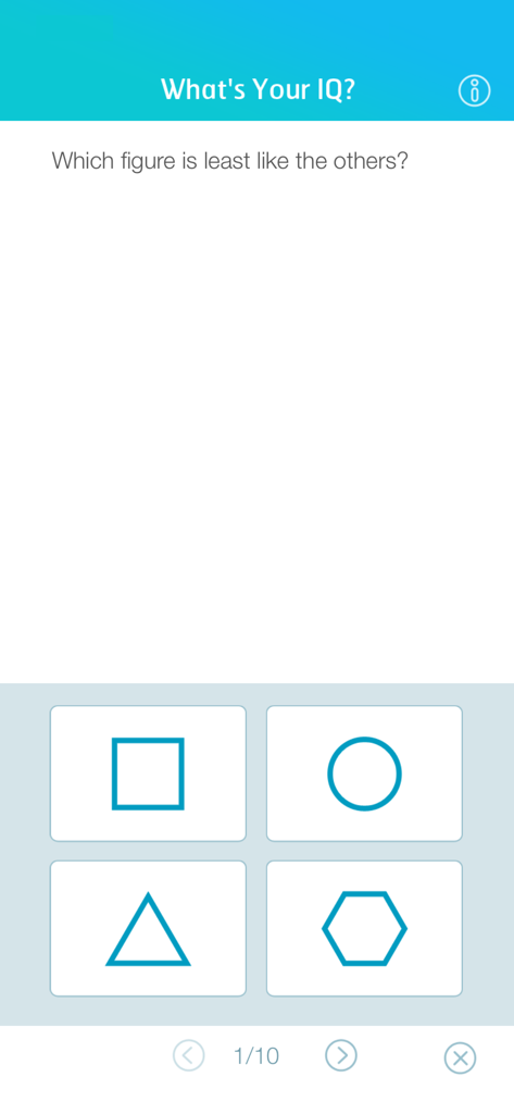 IQ Test: Calculate your IQ - Screenshot of a logic question in the IQ Test app asking to identify the geometric shape that is least like the others among four options.