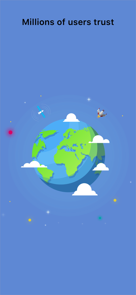 VPN Super Proxy x 360 Shield - Ilustración global con el texto Millones de usuarios confían en la aplicación VPN Super Proxy 360 Shield