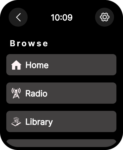 Vista for Feed - The browse menu of the Vista for Feed app on an Apple Watch displaying home radio and library options