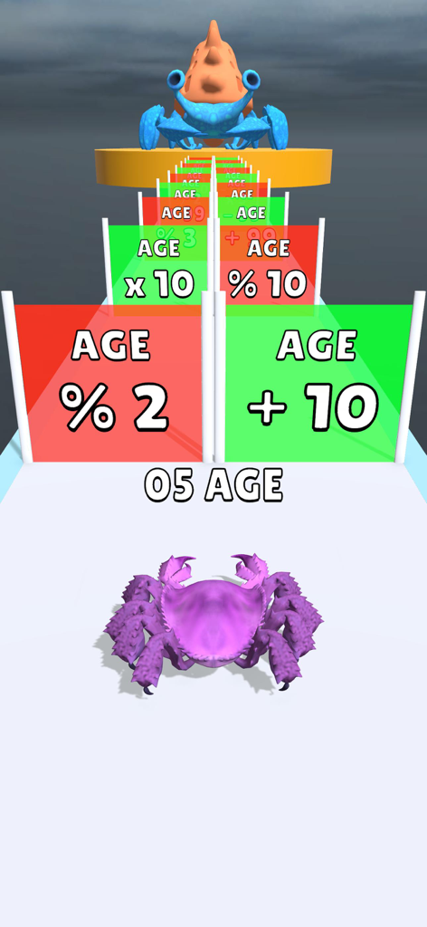 Crab Evolution Run - A purple crab navigating mathematical evolution gates on a track