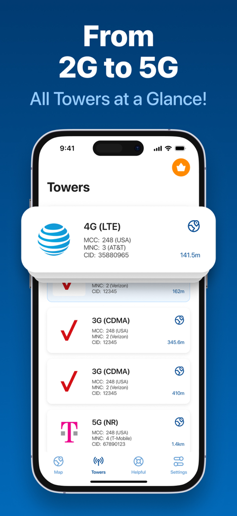 A screen from the Cell Tower Locator PRO app showing a list of nearby cell towers from carriers like AT&T, Verizon, and T-Mobile with distance and network type details.