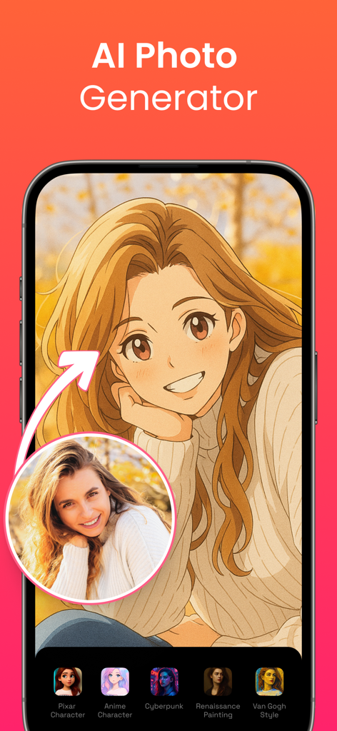 Retouch AI - Remove Objects - 실제 여성 초상화를 애니메이션 캐릭터 스타일로 변환하는 AI 사진 생성기 기능의 인터페이스