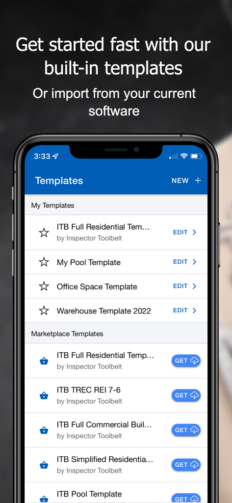 Inspector Toolbelt app screen displaying built-in and marketplace home inspection templates for residential and commercial properties.