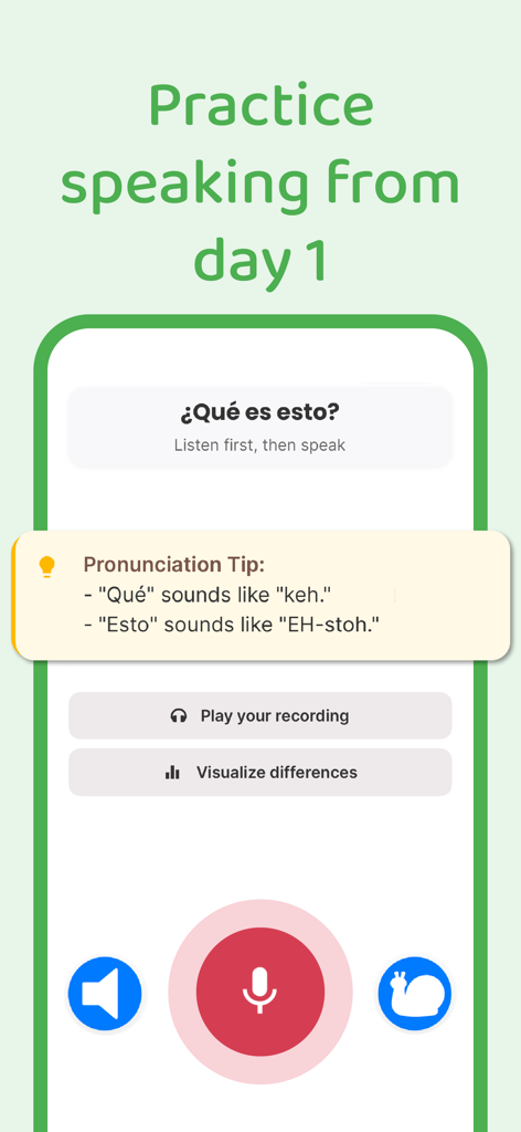 A Spanish language learning screen showing a speaking exercise with pronunciation tips and voice recording tools