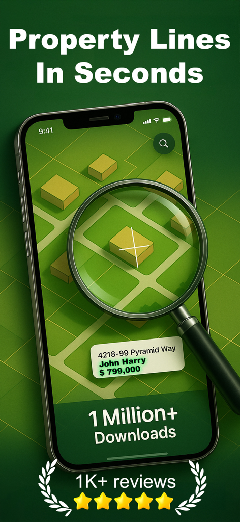 Property Survey GPS - Mobile interface of Property Survey GPS app showing property lines and parcel information with a magnifying glass zooming into a lot.