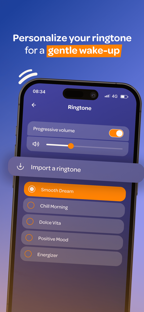 Personal Morning Routine WayUp - A smartphone displaying the WayUp app ringtone settings page with options for gentle alarm sounds like Smooth Dream and Chill Morning