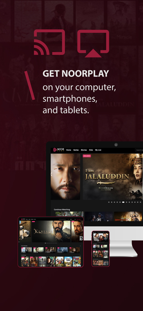 Noor Play - Interfaccia dell'app Noor Play visualizzata su un monitor di computer, tablet e smartphone.