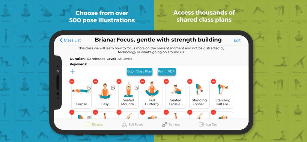 A professional yoga class sequence builder interface showing a flow of pose illustrations and teaching notes.