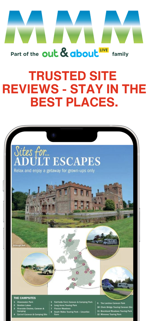 Captura de pantalla de la aplicación de la revista MMM que muestra reseñas de sitios de autocaravanas de confianza y un mapa de campings en el Reino Unido