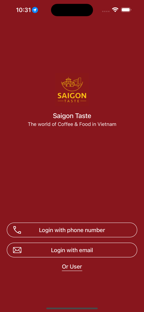 Saigon Taste - Saigon Taste app login screen with phone and email sign in options