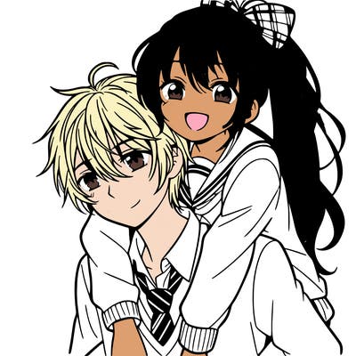 anime boy giving cute anime girl with long hair a piggyback ride