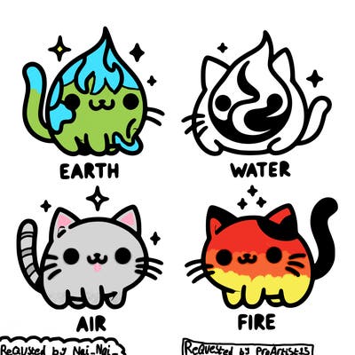 4 cats that represent the different elements, earth, water, air, and fire