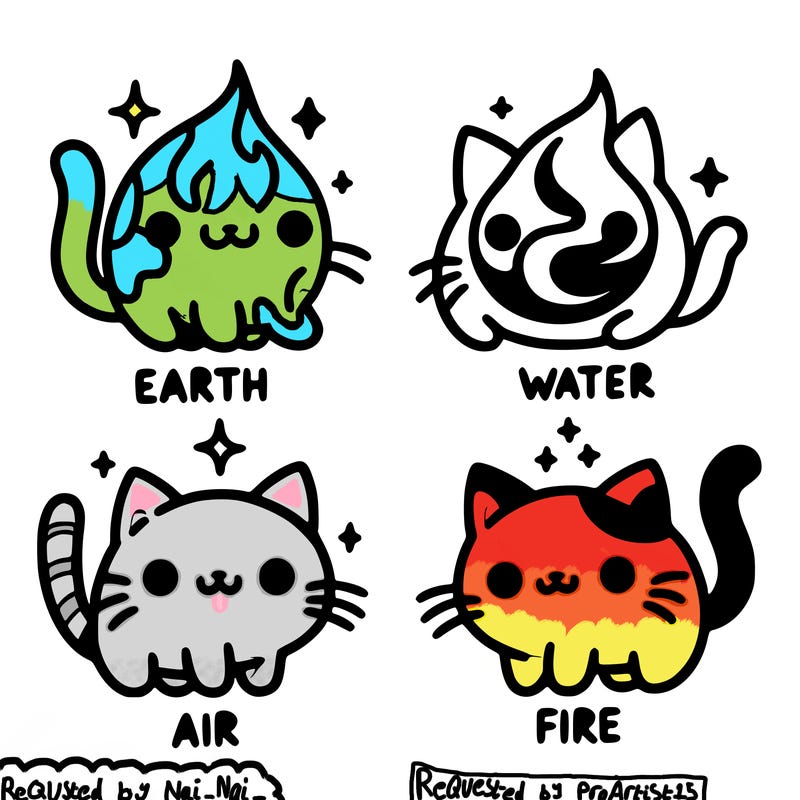 4 cats that represent the different elements, earth, water, air, and fire