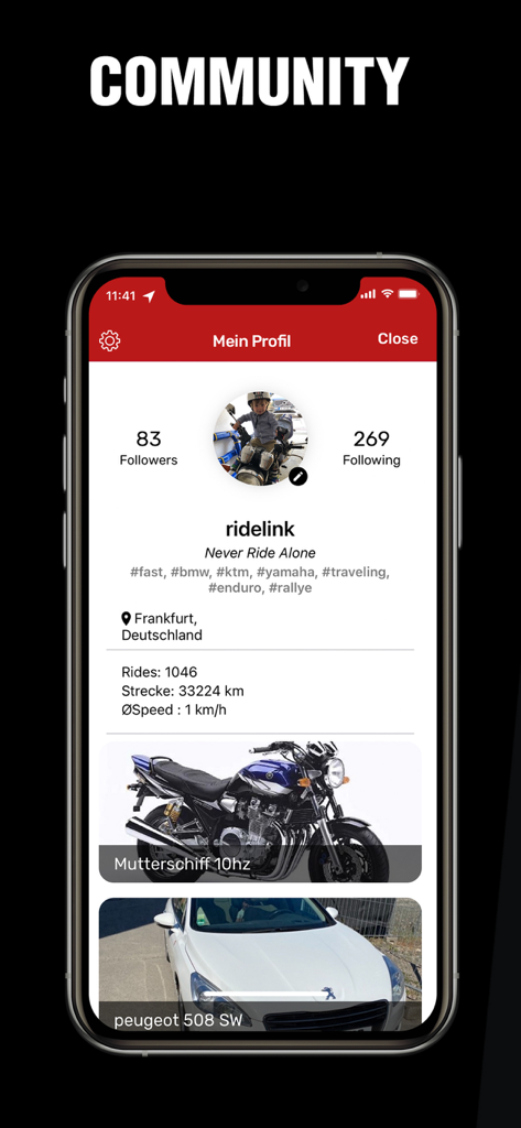 Pantalla de smartphone mostrando un perfil de usuario en la aplicación RideLink Connect con estadísticas de conducción y un garaje de motocicletas digital.