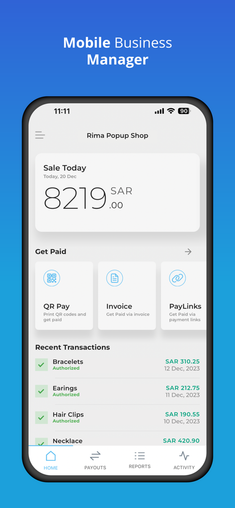 PayTabs - PayTabs app dashboard showing daily sales revenue in SAR and quick payment options like QR Pay and Invoicing.