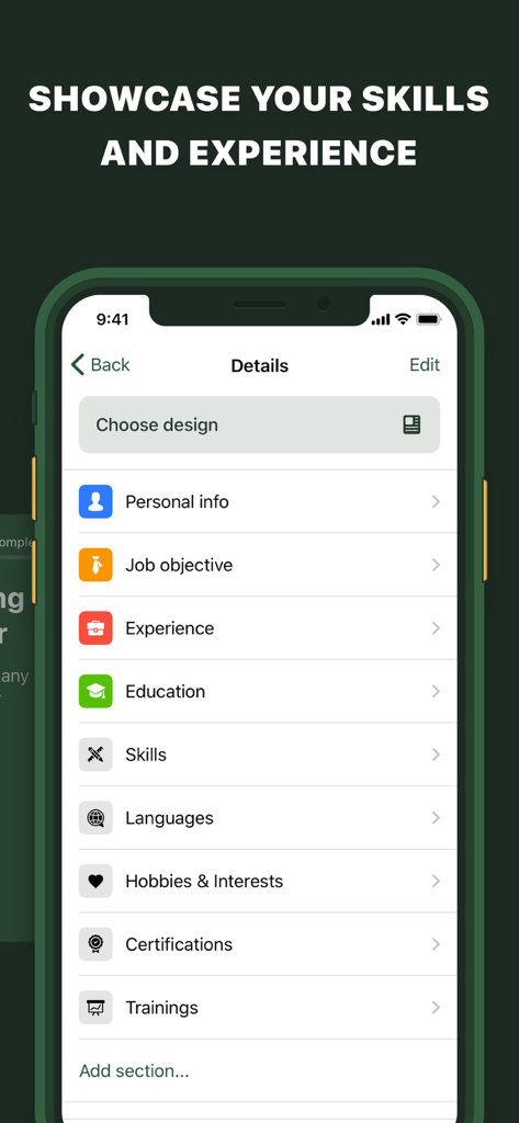 Interface de smartphone mostrando seções para inserir detalhes do currículo como experiência profissional, educação e habilidades no aplicativo CV Master.