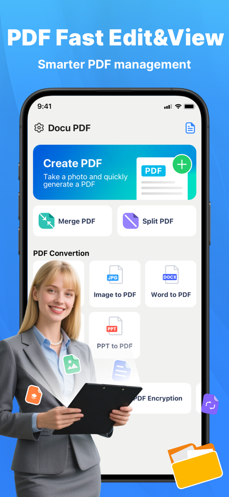 Docu PDF Lite mobile app interface displaying options for PDF editing merging and conversion
