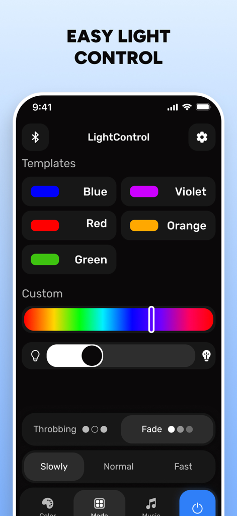 Smart LED light control interface showing color templates and custom color slider on a mobile phone