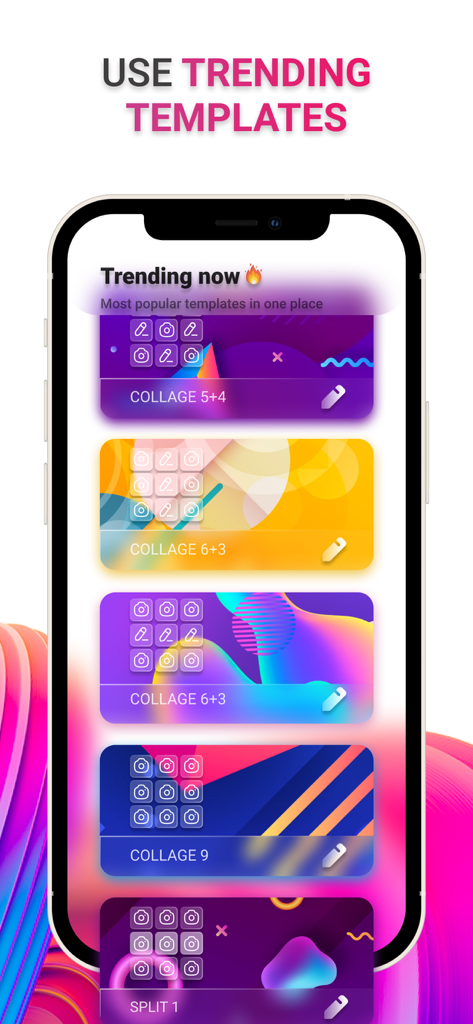 Una interfaz de aplicación móvil que muestra una lista de plantillas de collage de tendencia para planificar una cuadrícula de Instagram.