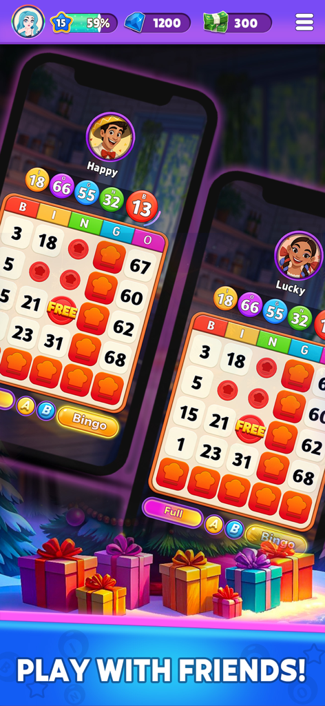 Bingo Legend - Deux téléphones mobiles affichant un match de bingo compétitif dans l'application Bingo Legend avec une bannière 'Jouer avec des amis' et des boîtes cadeaux.