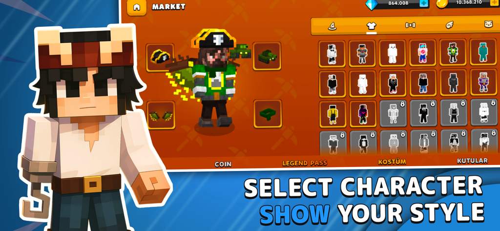 Block Legends character selection and skin market screen