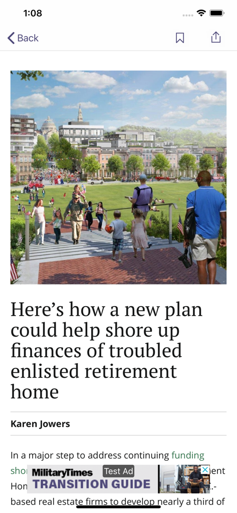 Military Times - Screenshot of a news article in the Military Times app discussing financial plans for an enlisted retirement home