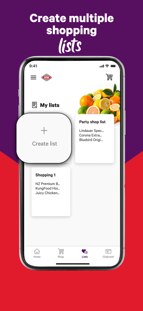 New World NZ - A screenshot of the New World NZ app showing the My Lists interface for creating and managing multiple grocery shopping lists