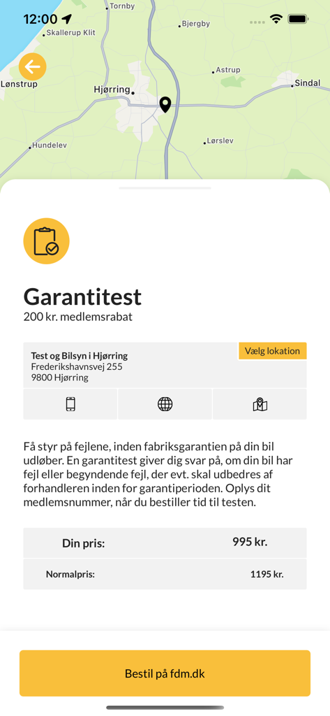 Mit FDM app screen showing details for a car warranty test service with a member discount and location information.