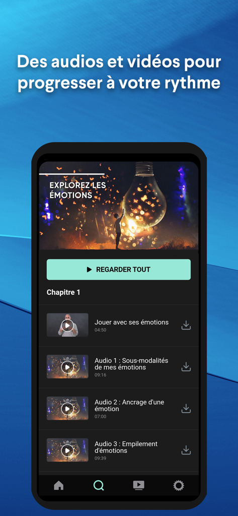 Interfaz de la aplicación Psychonaute que muestra un plan de estudios de sesiones de audio y video de auto-hipnosis para explorar emociones