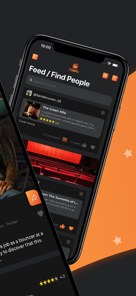 FlikPix- Find Gr8 movies fast - Tela do aplicativo FlikPix mostrando um feed social com resenhas de filmes e classificações por estrelas