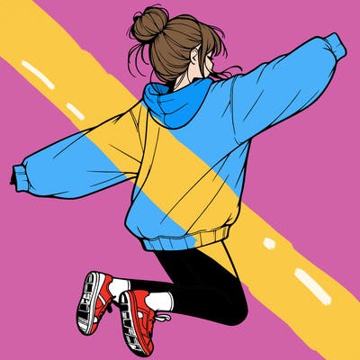 realistic girl jumping with a bun and oversized sweatshirt