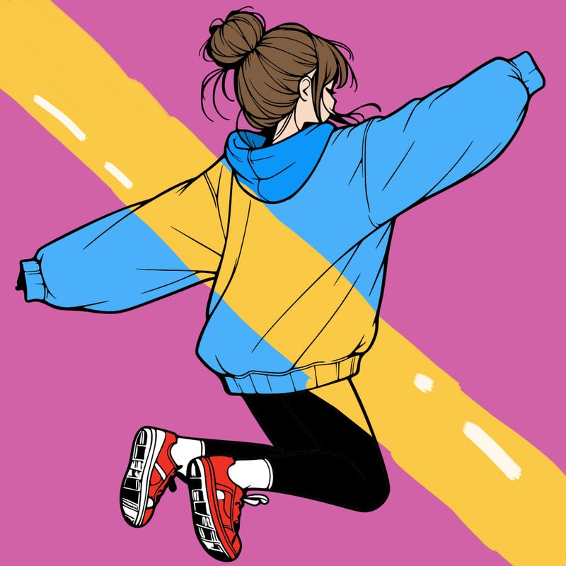 realistic girl jumping with a bun and oversized sweatshirt