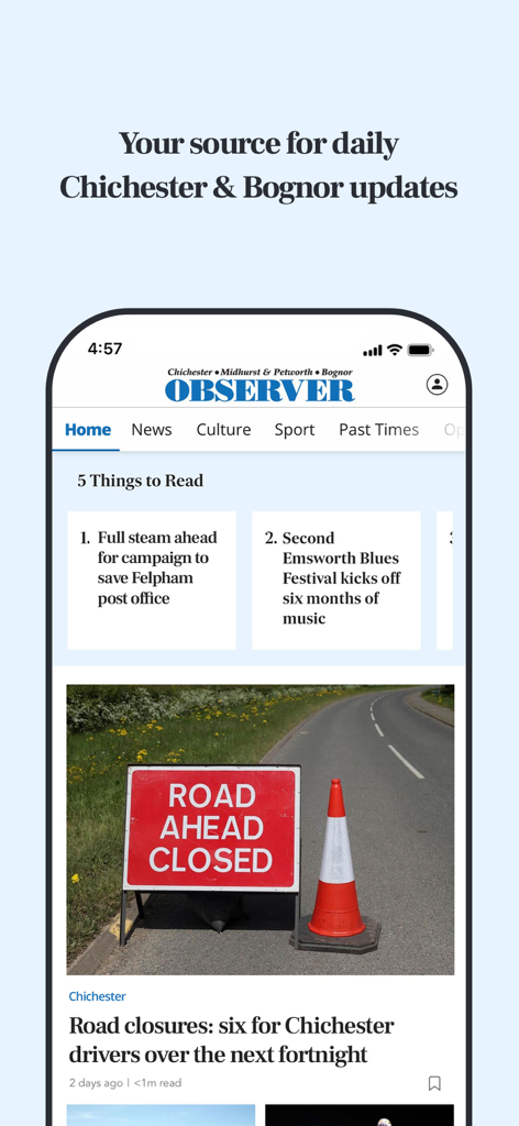Chichester Observer Newspaper - Chichester Observer app home screen featuring local news headlines and navigation categories