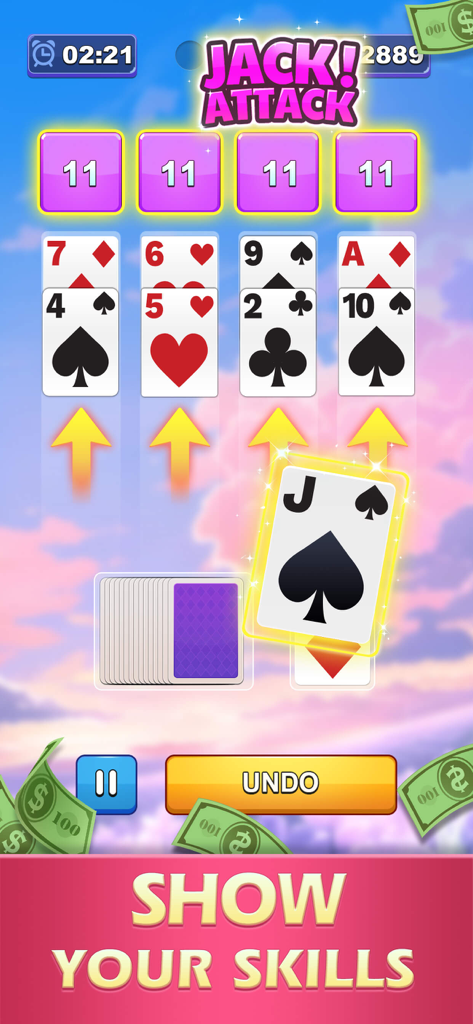 21 of Cash - Win Real Money - 21 of Cashのゲームプレイ。Jack Attackボーナス付きのカードマッチラウンドを表示。