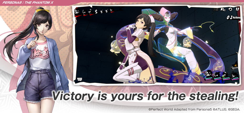 P5X | Persona5: The Phantom X - Un personnage d'anime et son Persona sur un écran de victoire avec le texte La victoire vous appartient à voler.